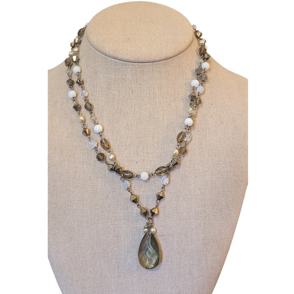 Double Strand Crystal Glass Beaded Faux Pearl Chain Necklace W/ Teardrop Pendant